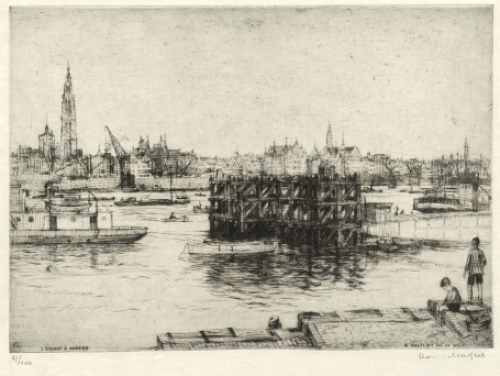 Belgische etser R. Malfliet met een ets van de Schelde