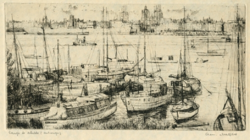 Belgische etser R. Malfliet met een ets van Antwerpen