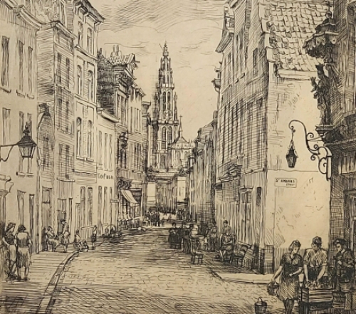 Romain Malfliet met een ets van Antwerpen