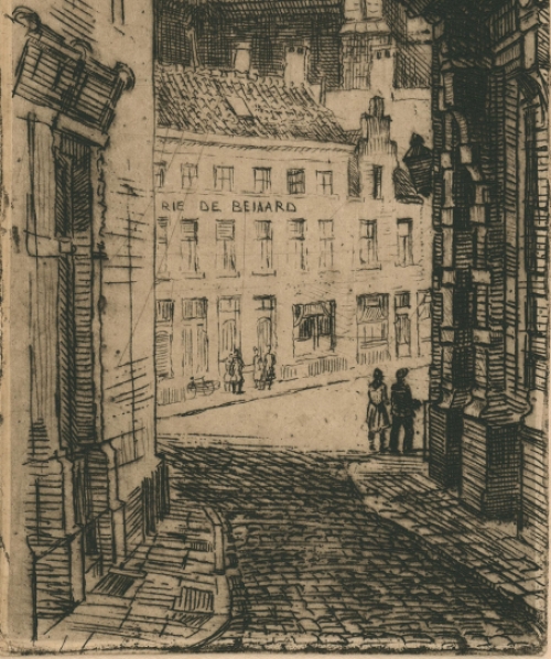 Romain Malfliet met een ets, Antwerpen Lijnwaadmarkt