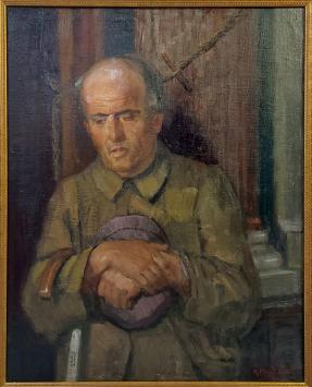Belgische schilder R. Malfliet met een olieverfschilderij van een man in de kerk