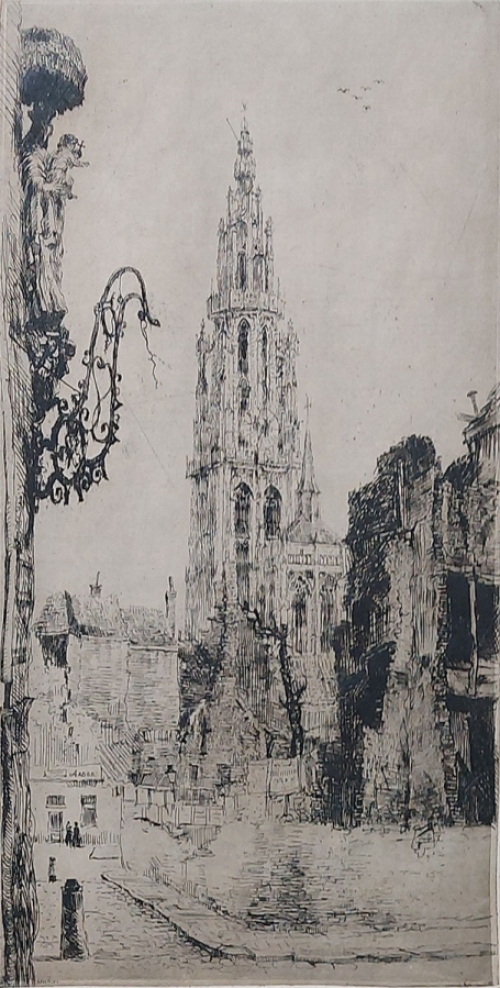 Romain Malfliet met een ets van een kerktoren