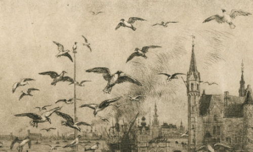 Romain Malfliet met een ets van Antwerpen