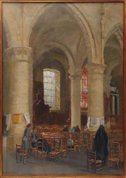 Belgische schilder R. Malfliet met een groot schilderij