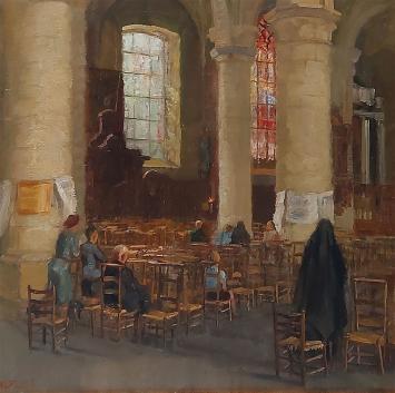 Romain Malfliet met een schilderij kerkinterieur