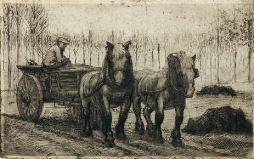 Romain Malfliet met een ets van een kar voor de mest