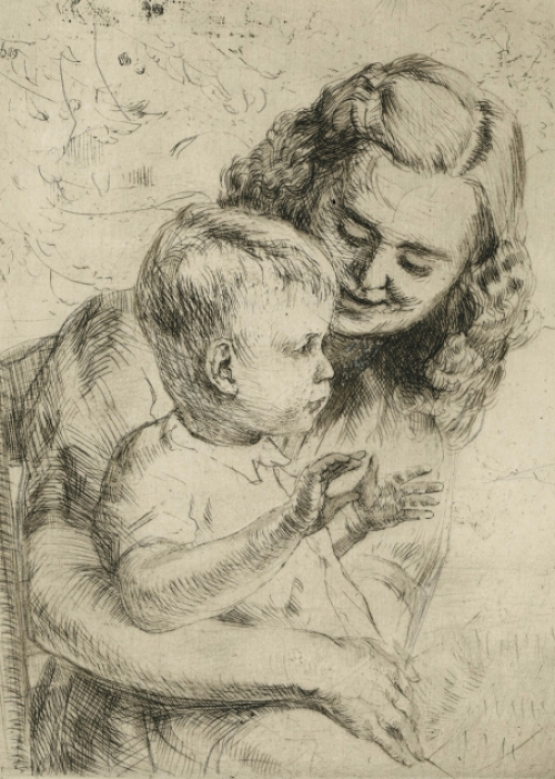 Romain Malfliet met een ets van een kindje op de schoot van moeder