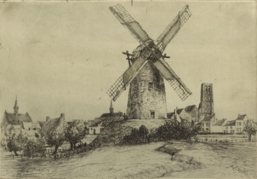 Romain Malfliet met een ets van de molen te Damme