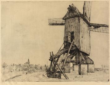 Belgische etser R. Malfliet met een ets van Ertvelde