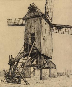 Romain Malfliet met een ets van Molen van Ertvelde