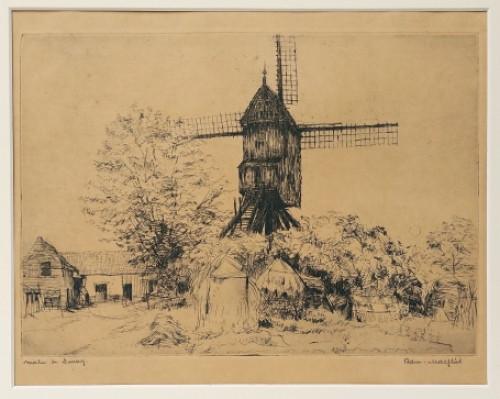 Belgische etser R. Malfliet met een ets van een molen
