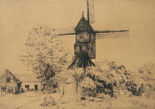 Romain Malfliet met een ets van een windmolen