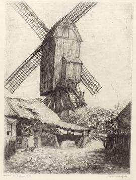Belgische etser R. Malfliet met een grote ets van een molen