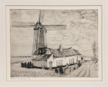 Belgische etser R. Malfliet met een ets van Zingem