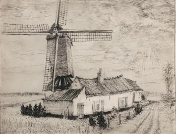 Romain Malfliet met een ets van Zingem, de molen