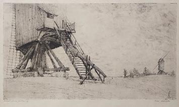 Belgische etser R. Malfliet met een ets van twee molens