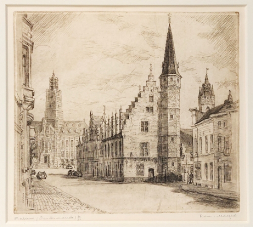 Belgische etser R. Malfliet met een ets van Dendermonde