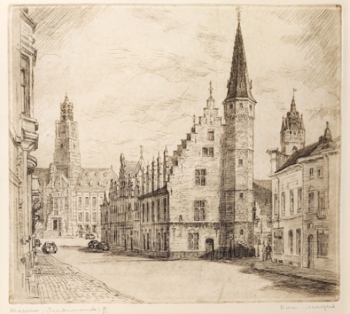 Romain Malfliet met een ets van museum in Dendermonde