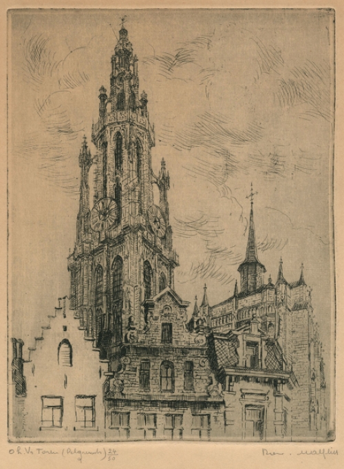 Belgische etser R. Malfliet met een ets van de kathedraal