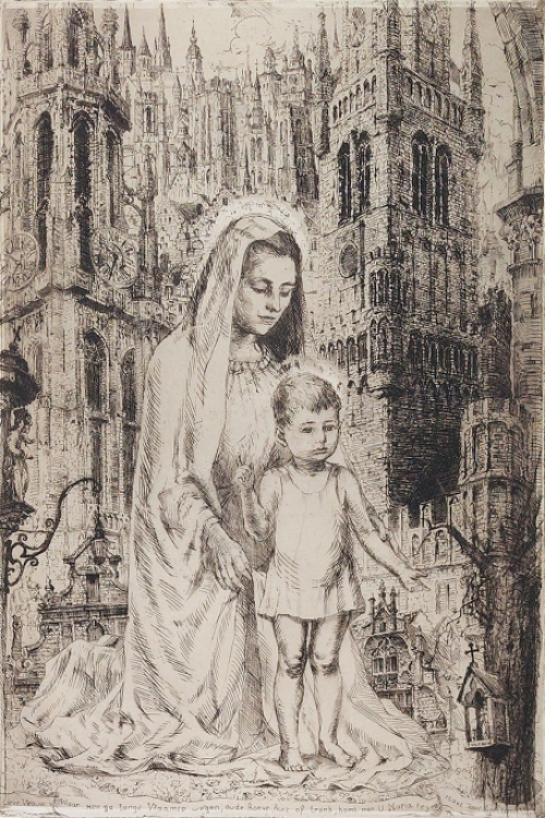 Romain Malfliet met een ets van O.L Vrouw van Vlaanderen