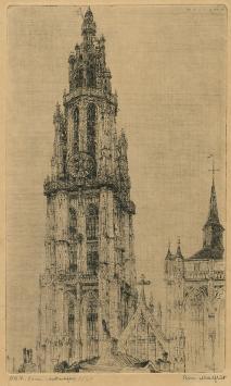 Belgische etser R. Malfliet met een Antwerpse ets