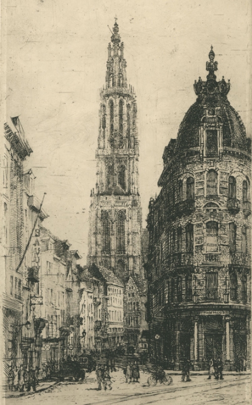 Romain Malfliet met een ets van de O.L.Vr. toren