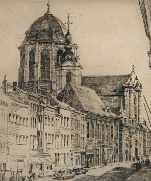 Romain Malfliet met een ets van de O. L. Vr. Hanswijck kerk te Mechelen