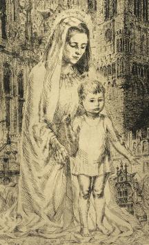 Romain Malfliet met een ets van O.L Vrouw van Vlaanderen