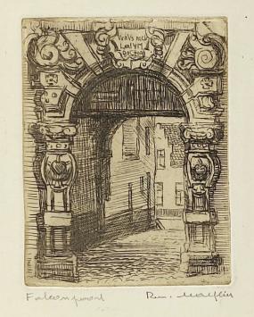 Belgische etser R. Malfliet met een ets, de Falconpoort