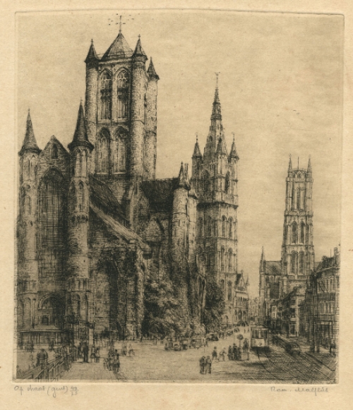 Belgische etser R. Malfliet met een Gentse ets