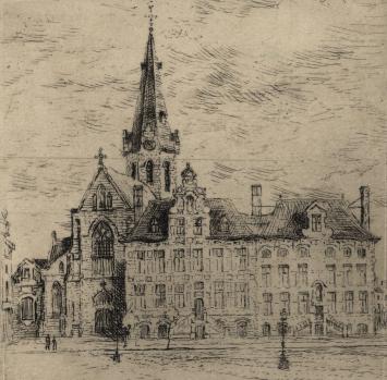 Romain Malfliet met een ets van stadhuis St Niklaas