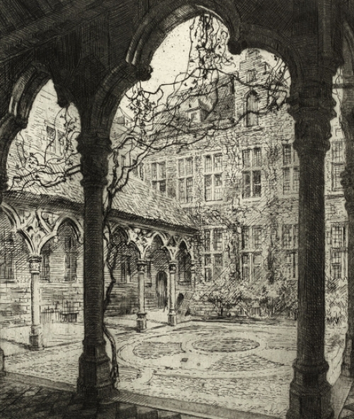 Romain Malfliet met een ets van de oude beurs te Antwerpen