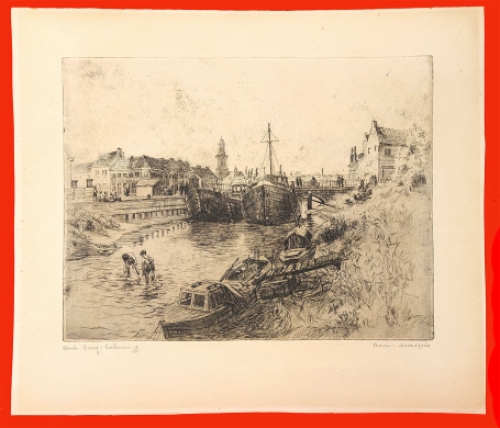 Belgische etser R. Malfliet met een ets van rivier
