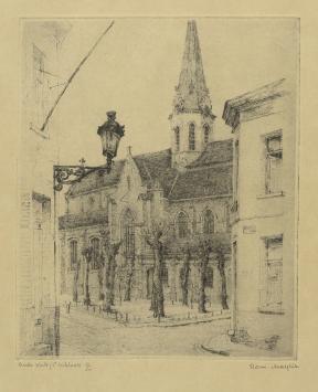 Belgische etser R. Malfliet met een ets van St Niklaas