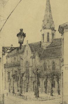 Romain Malfliet met een ets van de kerk van St Niklaas