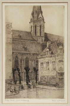 Belgische etser R. Malfliet met een ets van een kerk