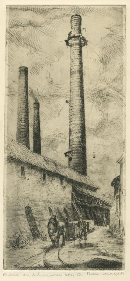 Belgische etser R. Malfliet met een ets van Ovens en schouwen