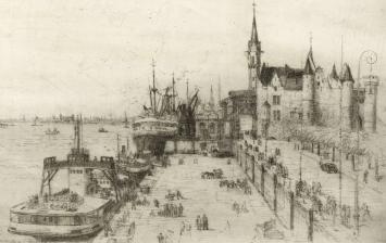 Romain Malfliet met een ets van de overzetboot te Antwerpen