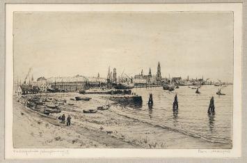 Belgische etser R. Malfliet met een ets van Antwerpen