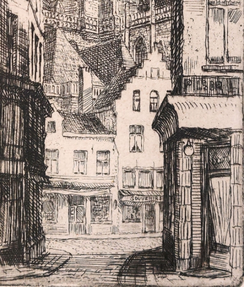 Romain Malfliet met een ets van het papenstraatje