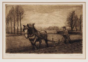 Belgische etser R. Malfliet met een ets van een werkpaard