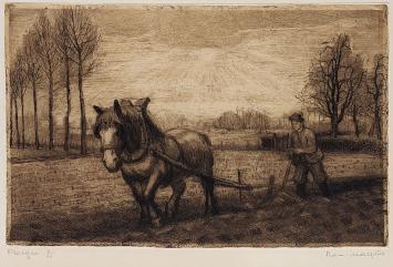 Genummerde ets van Malfliet kopen, boer aan het ploegen