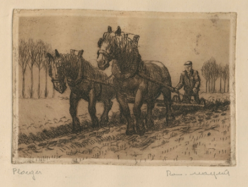 Belgische etser R. Malfliet met een ets op papier