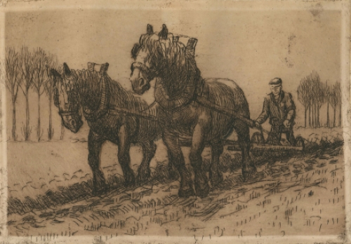 Ets van Malfliet kopen, boer die veld ploegt