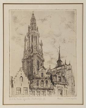 Belgische etser R. Malfliet met een ets, de kathedraal