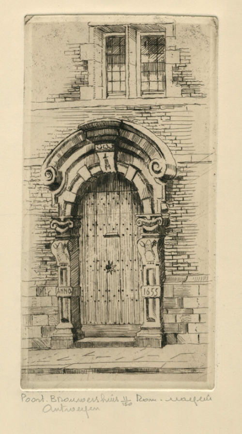 Belgische etser R. Malfliet met een ets van een poortje