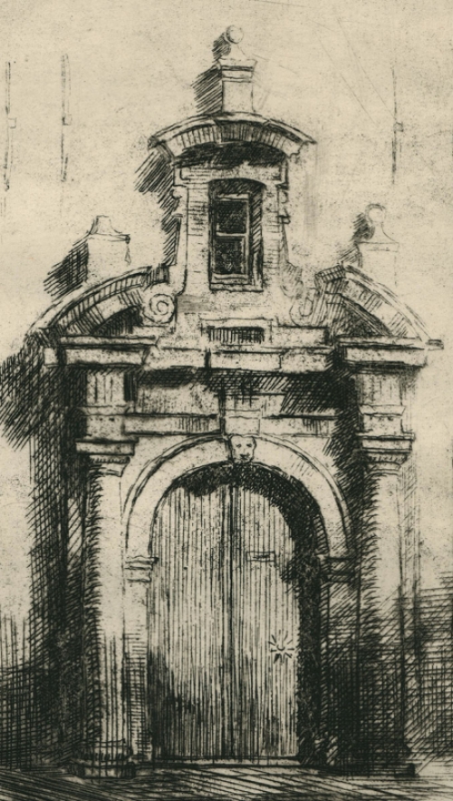 Romain Malfliet met een ets van Antwerps poortje