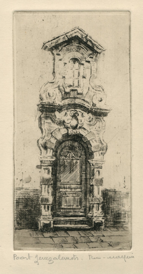 Belgische etser R. Malfliet met een ets van een poort in Antwerpen