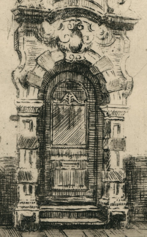 Romain Malfliet met een ets van een poortje, Jeruzalemstraat