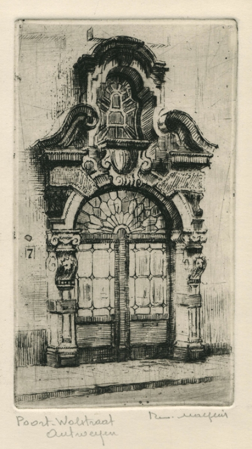 Belgische etser R. Malfliet met een ets van een poort